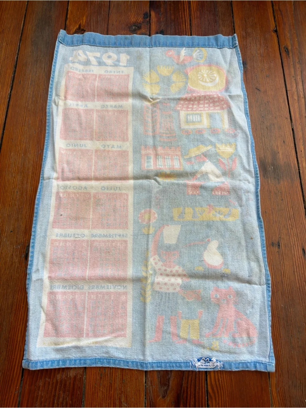 Vintage 1974 Blue Calendar Tea Towel - Colorful Folk Art Design
